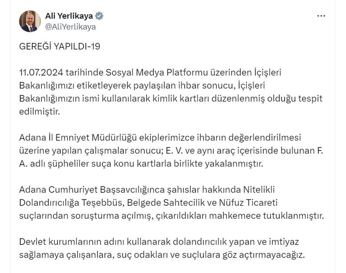 İçişleri Bakanlığı İsmiyle Sahte Kimlik Kartı Düzenleyen Şüpheliler Yakalandı