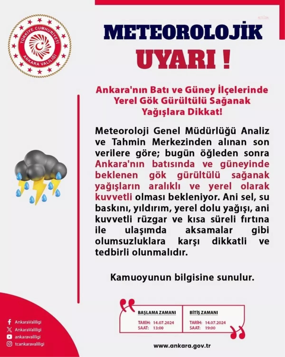 Ankara\'da Kuvvetli Sağanak Yağış Uyarısı