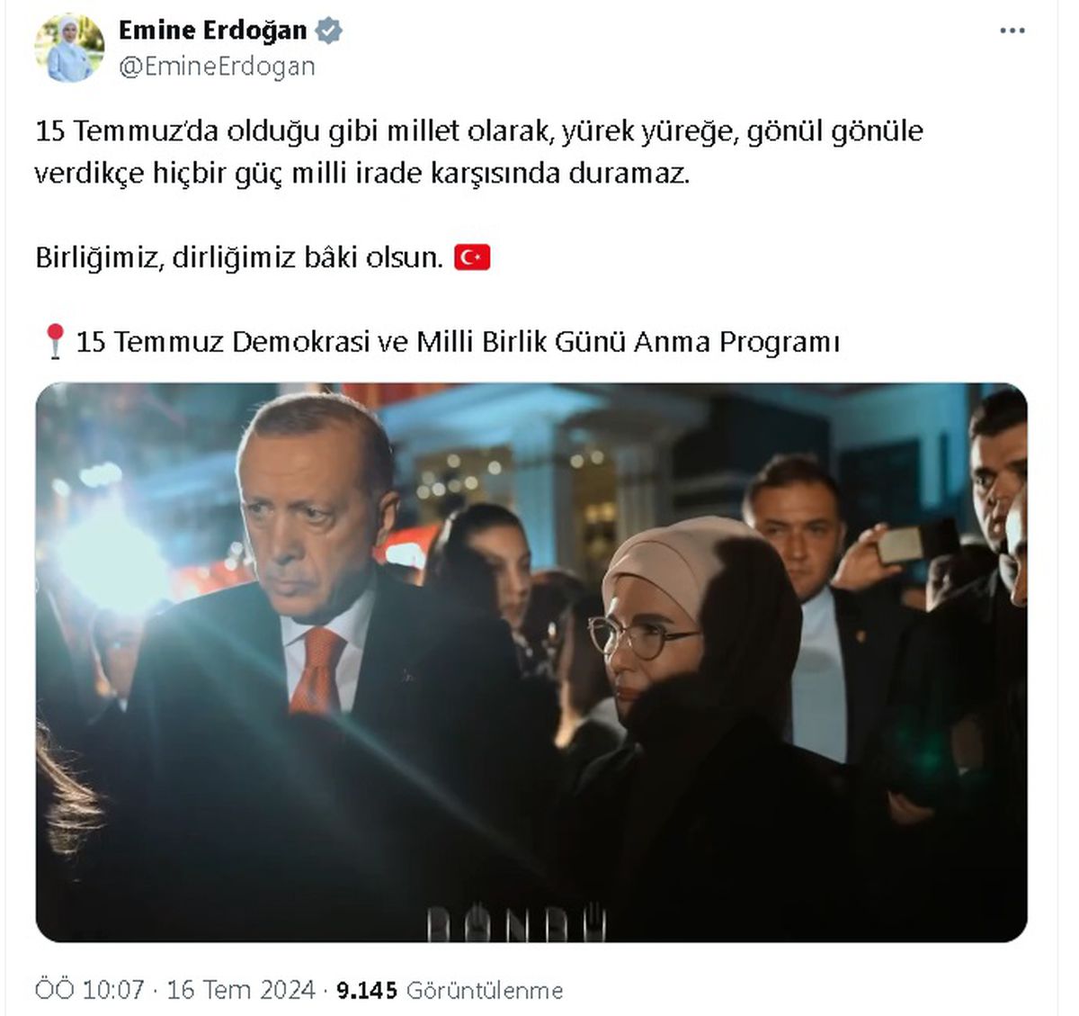 Emine Erdoğan, 15 Temmuz Demokrasi ve Milli Birlik Günü\'nü kutladı