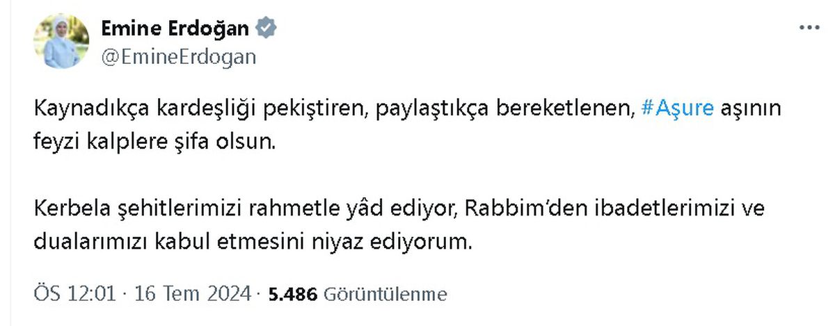 Emine Erdoğan, Aşure Günü\'nde Kerbela şehitlerini anıyor