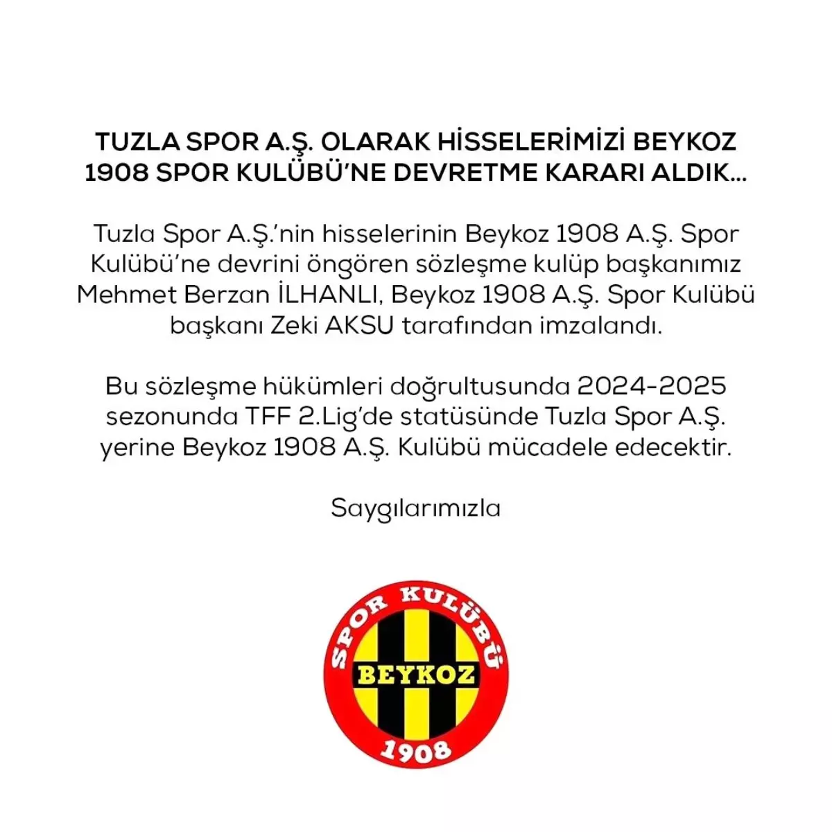Tuzlaspor, TFF 2. Lig yarışma haklarını Beykoz 1908 SK\'ya devretti