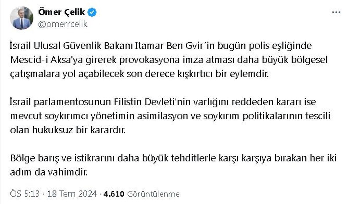 AK Parti Sözcüsü: İsrail\'in Mescid-i Aksa Provokasyonu Bölgesel Çatışmalara Yol Açabilir