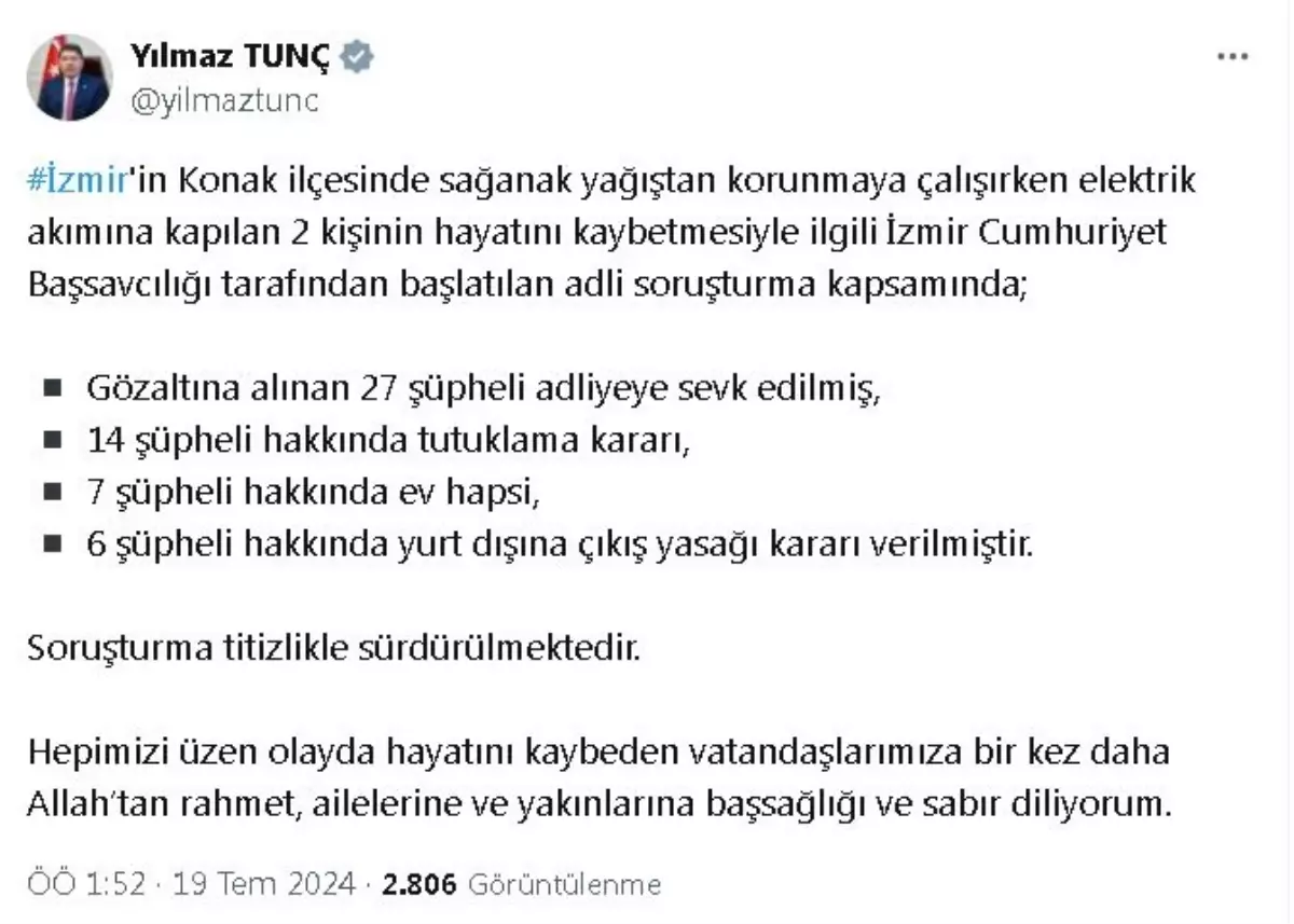 İzmir\'de Yağmur Sırasında Elektrik Akımına Kapılan 2 Kişiyle İlgili Gözaltılar ve Tutuklamalar