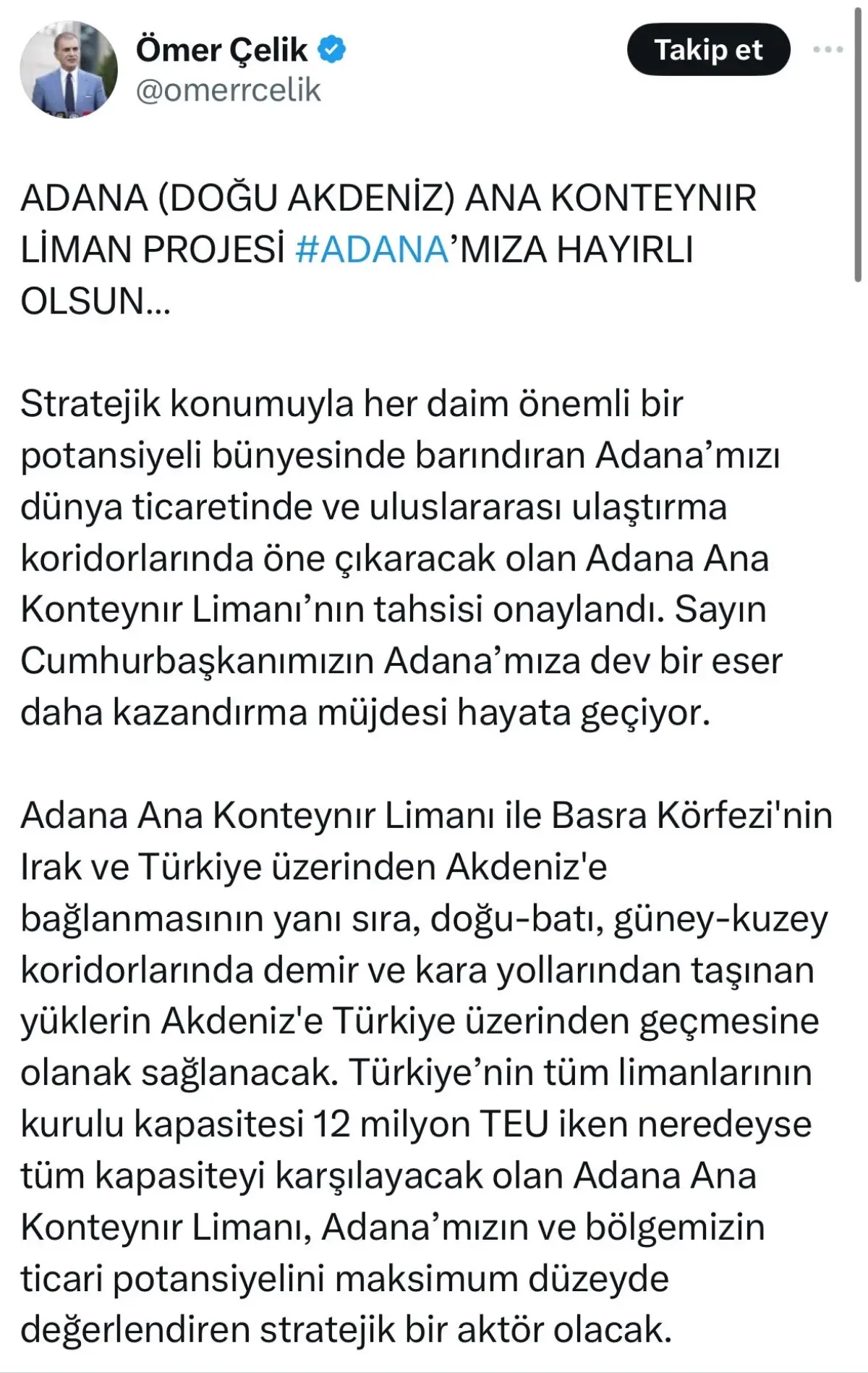 Adana Ana Konteyner Limanı\'nın tahsisi onaylandı