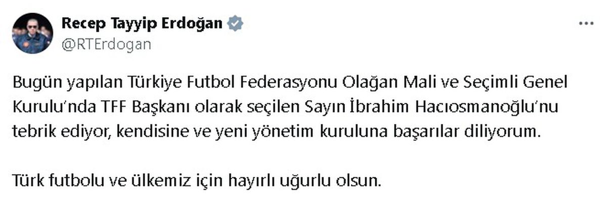 Cumhurbaşkanı Erdoğan, İbrahim Hacıosmanoğlu\'nu tebrik etti