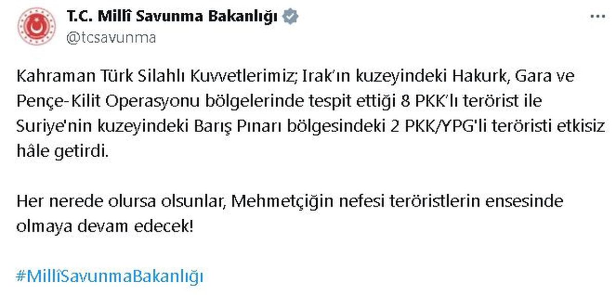 MSB: Irak ve Suriye\'de 10 terörist etkisiz hale getirildi