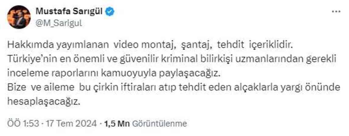 Mustafa Sarıgül: Hakkımda yayımlanan video montaj, şantaj, tehdit içeriklidir