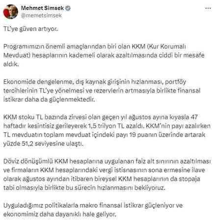 Bakan Şimşek: KKM stoku 47 haftadır kesintisiz gerileyerek 1,5 trilyon TL azaldı