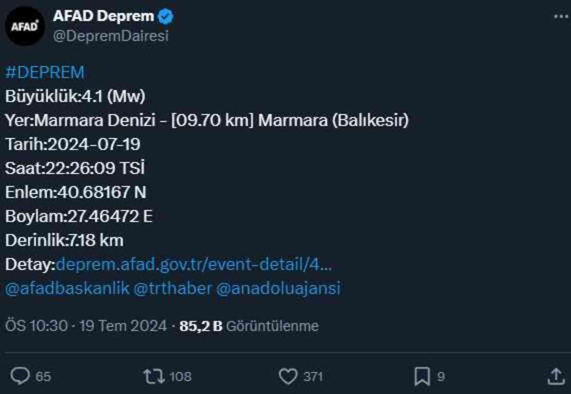 Marmara Denizi'nde 4,1 büyüklüğünde deprem meydana geldi