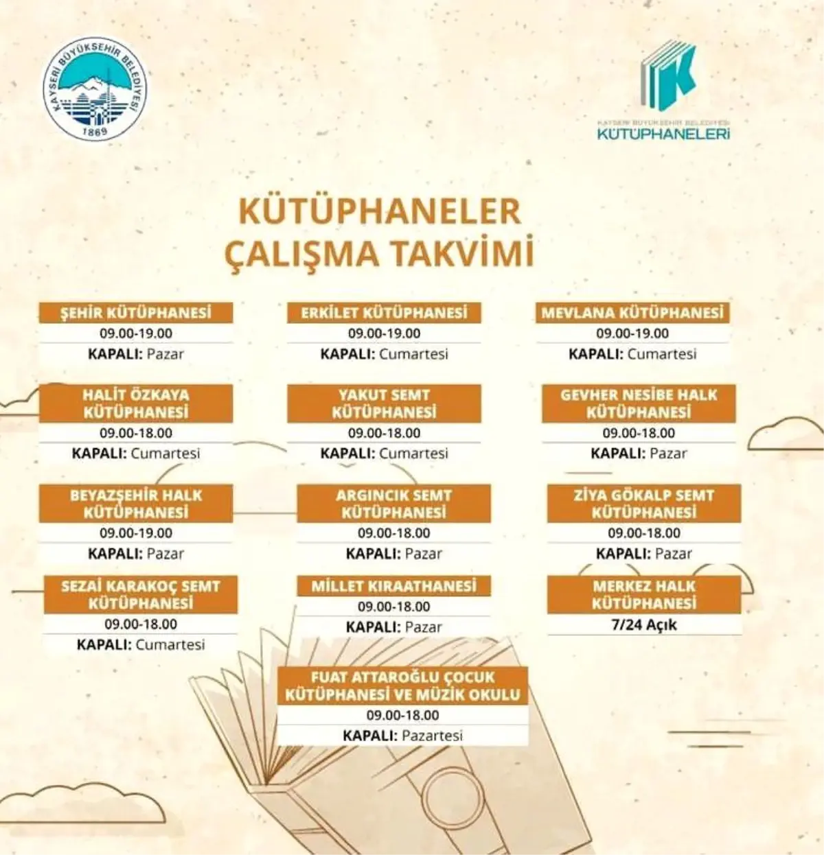 Kayseri Büyükşehir Belediyesi Kütüphanelerinde Çalışma Takvimi Güncellendi