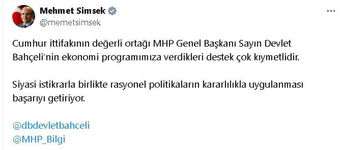 Bakan Şimşek, Bahçeli\'nin ekonomi programına destek verdiğini söyledi