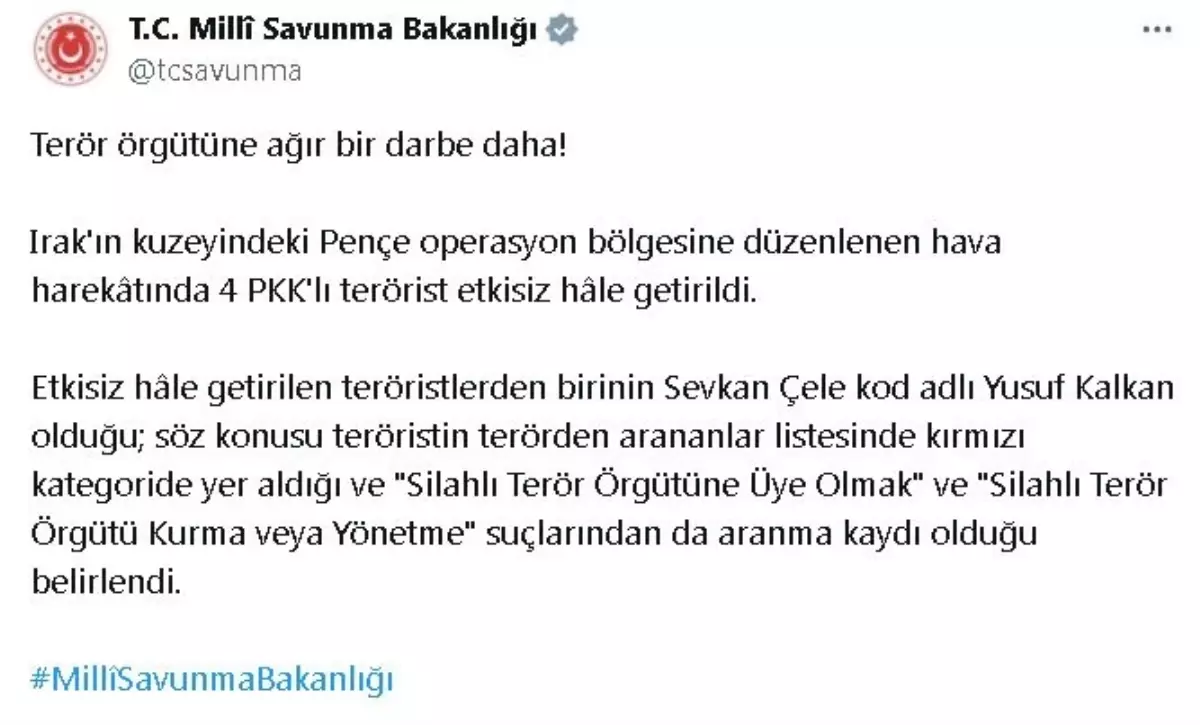 Irak\'ta düzenlenen hava harekatında 4 PKK\'lı terörist etkisiz hale getirildi