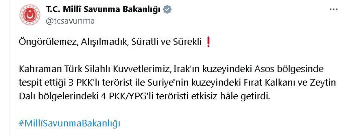 MSB: Irak ve Suriye\'de 7 terörist etkisiz hale getirildi