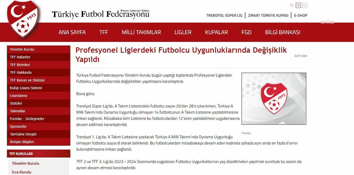 TFF, Profesyonel Liglerde Futbolcu Uygunluklarında Değişiklik Yaptı