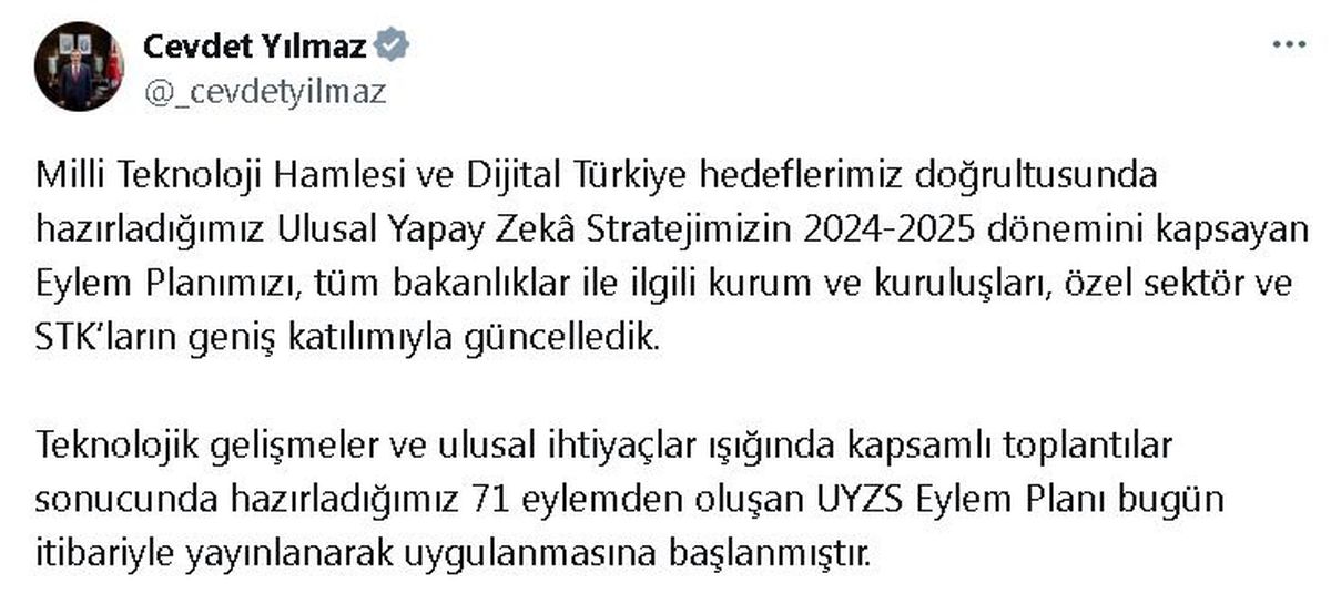 Cumhurbaşkanı Yardımcısı Yılmaz, Ulusal Yapay Zeka Stratejisi Eylem Planı\'nın Uygulanmaya Başlandığını Açıkladı