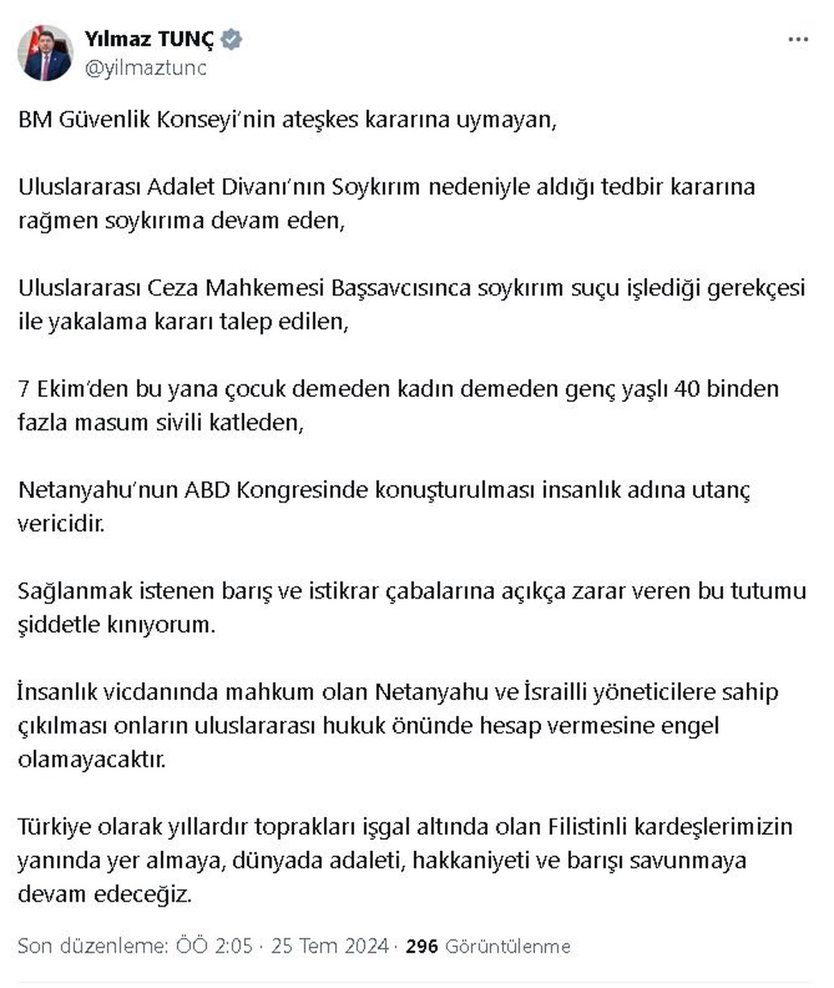Bakan Tunç\'tan Netanyahu\'nun ABD Kongresindeki Konuşmasına Tepki