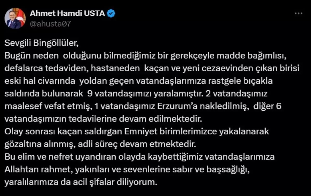 Bingöl Valisi Ahmet Hamdi Usta, bıçaklı saldırı olayıyla ilgili açıklama yaptı