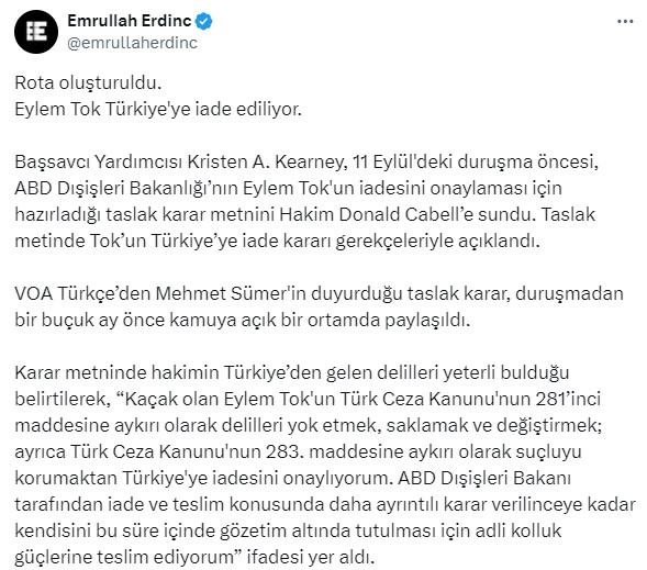 Taslak metnine ulaşıldı! ABD'deki Eylem Tok, Türkiye'ye iade edilecek