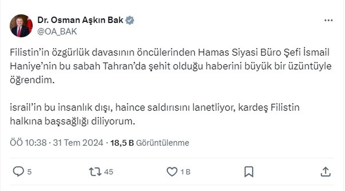 Bakan Bak, İsmail Haniye\'ye düzenlenen suikastı lanetledi