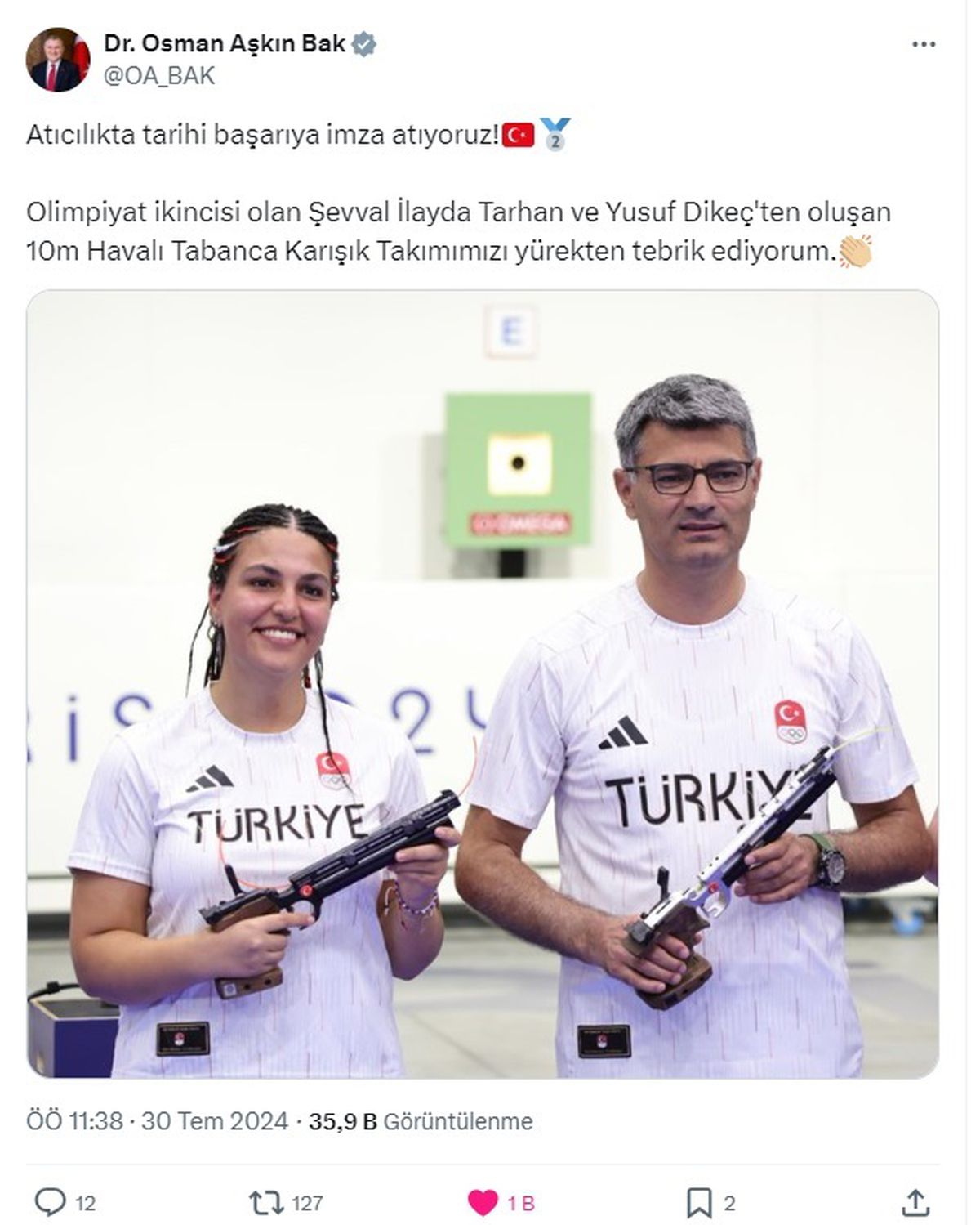 Gençlik ve Spor Bakanı, Paris 2024 Olimpiyat Oyunları\'nda gümüş madalya alan milli atıcıları kutladı