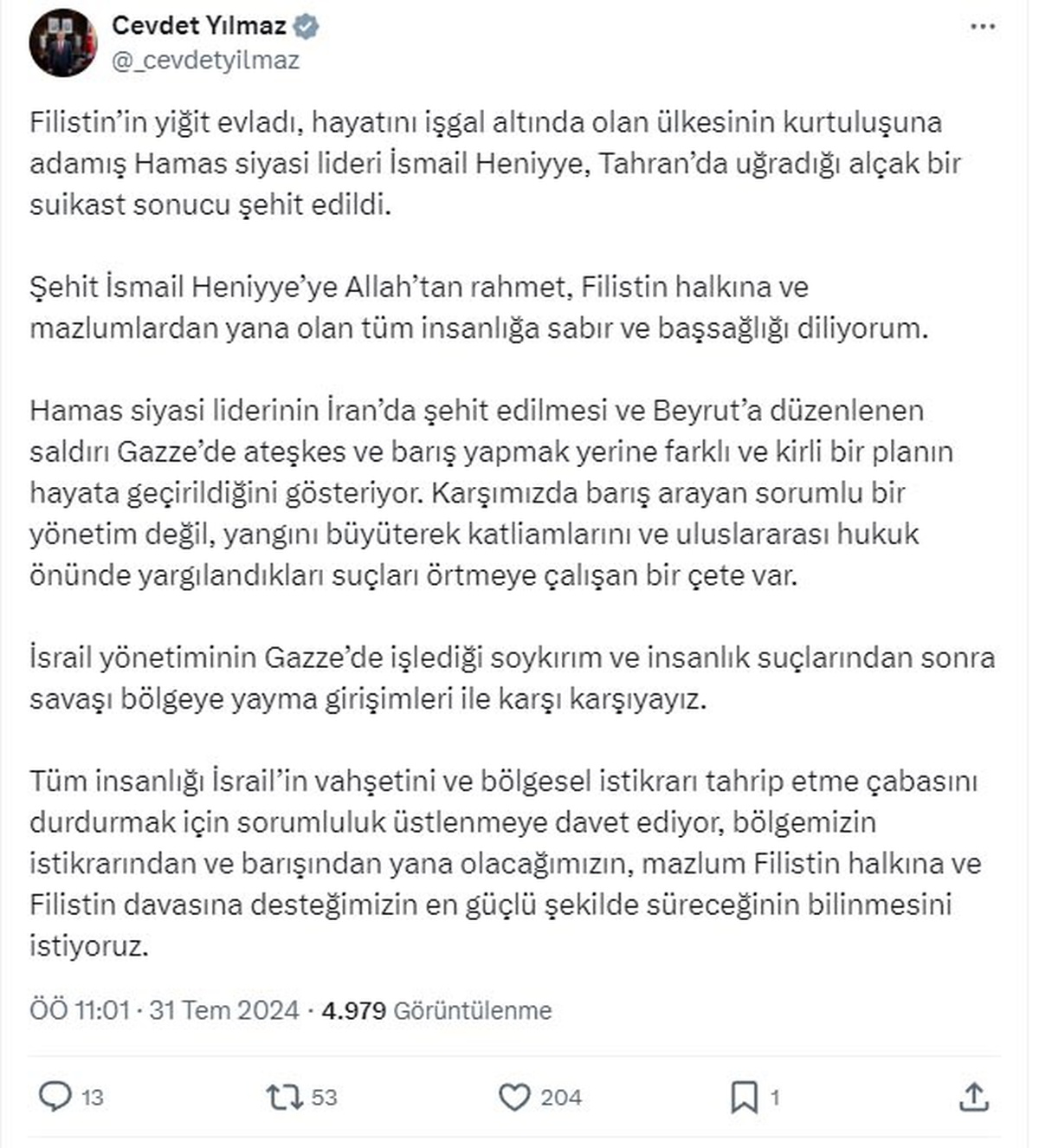 Cevdet Yılmaz: İsrail\'in soykırım ve insanlık suçlarından sonra savaşı bölgeye yayma girişimleri ile karşı karşıyayız