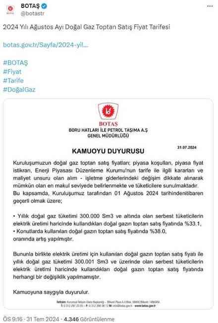 1 Ağustos'ta itibaren geçerli olacak! Konutlarda kullanılan doğal gaza yüzde 38 zam