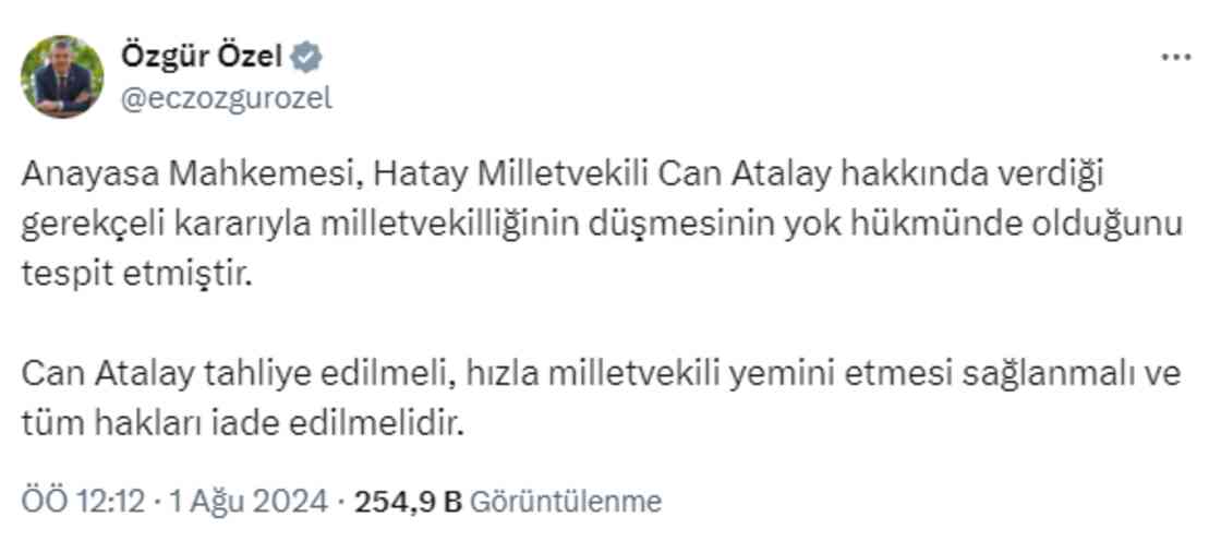 AYM kararı sonrası Özel'den Can Atalay çağrısı: Tahliye edilmeli ve tüm hakları iade edilmelidir AYM kararı sonrası Özel'den Can Atalay çağrısı: Tahliye edilmeli ve tüm hakları iade edilmelidir