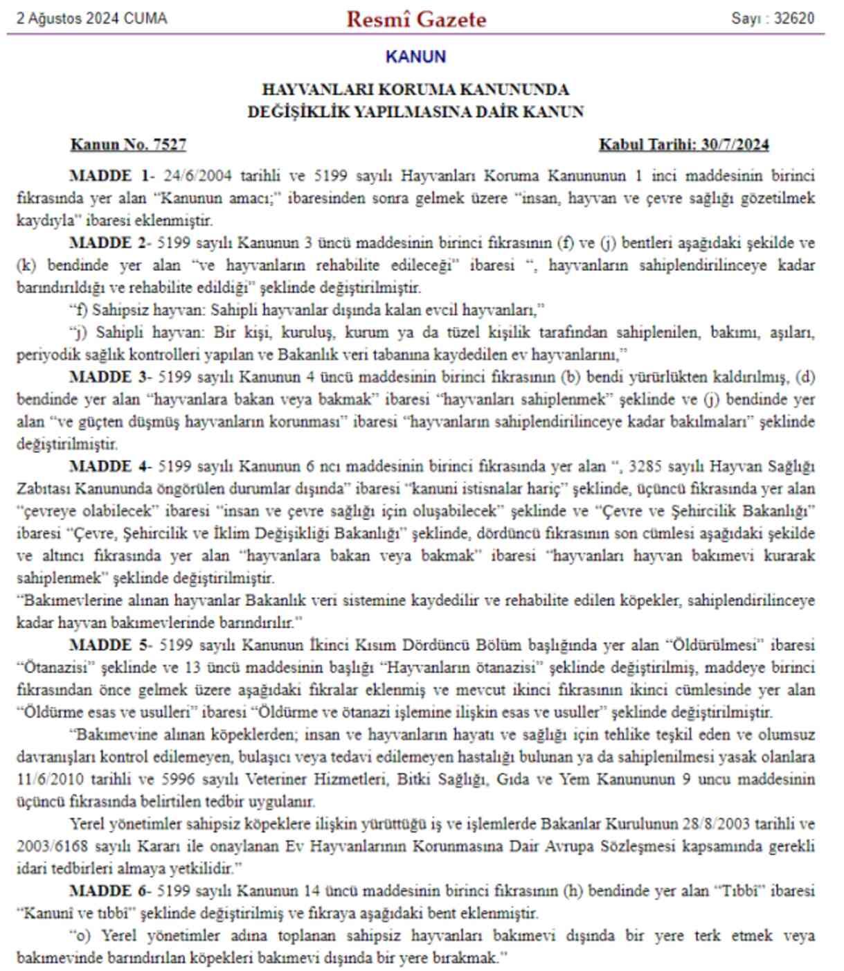 Sahipsiz köpeklere yönelik düzenlemeleri de içeren kanun, Resmi Gazete'de yayımlanarak yürürlüğe girdi