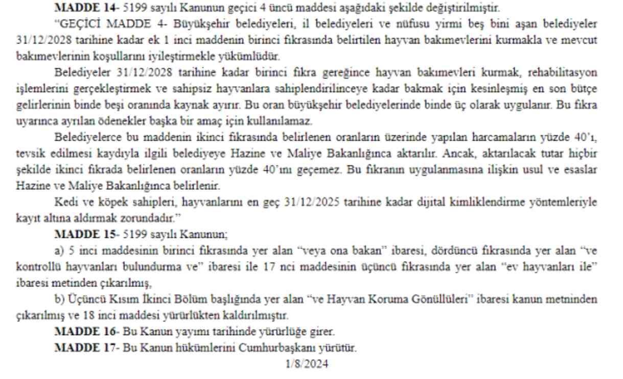 Sahipsiz köpeklere yönelik düzenlemeleri de içeren kanun, Resmi Gazete'de yayımlanarak yürürlüğe girdi
