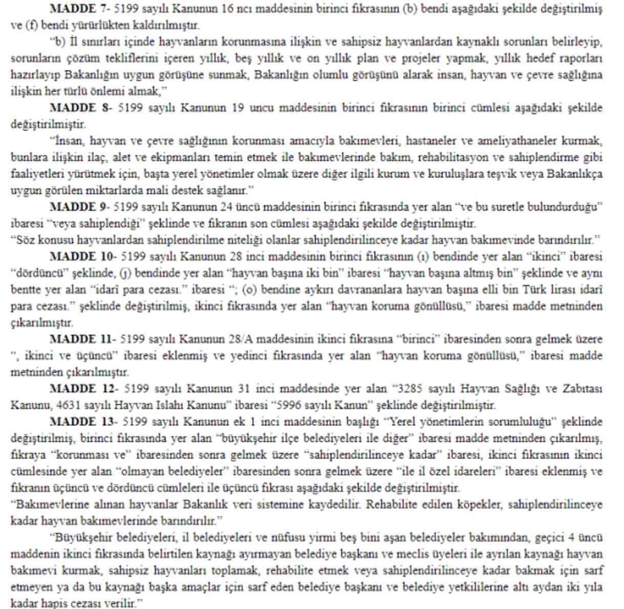 Sahipsiz köpeklere yönelik düzenlemeleri de içeren kanun, Resmi Gazete'de yayımlanarak yürürlüğe girdi