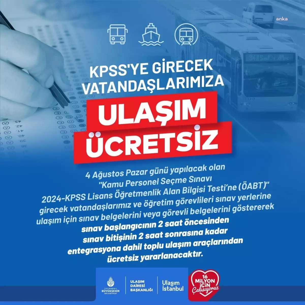 KPSS Lisans Öğretmenlik Alan Bilgi Testi (ÖABT) Sınavına İstanbul\'da Ücretsiz Ulaşım