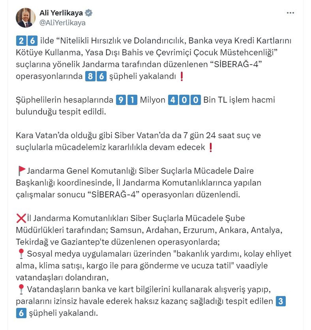 İçişleri Bakanı: \'Siberağ-4\' Operasyonunda 86 Şüpheli Yakalandı
