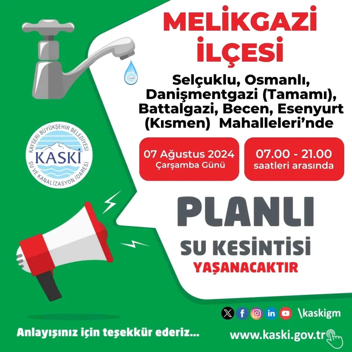 Kayseri Melikgazi\'de Planlı Su Kesintisi