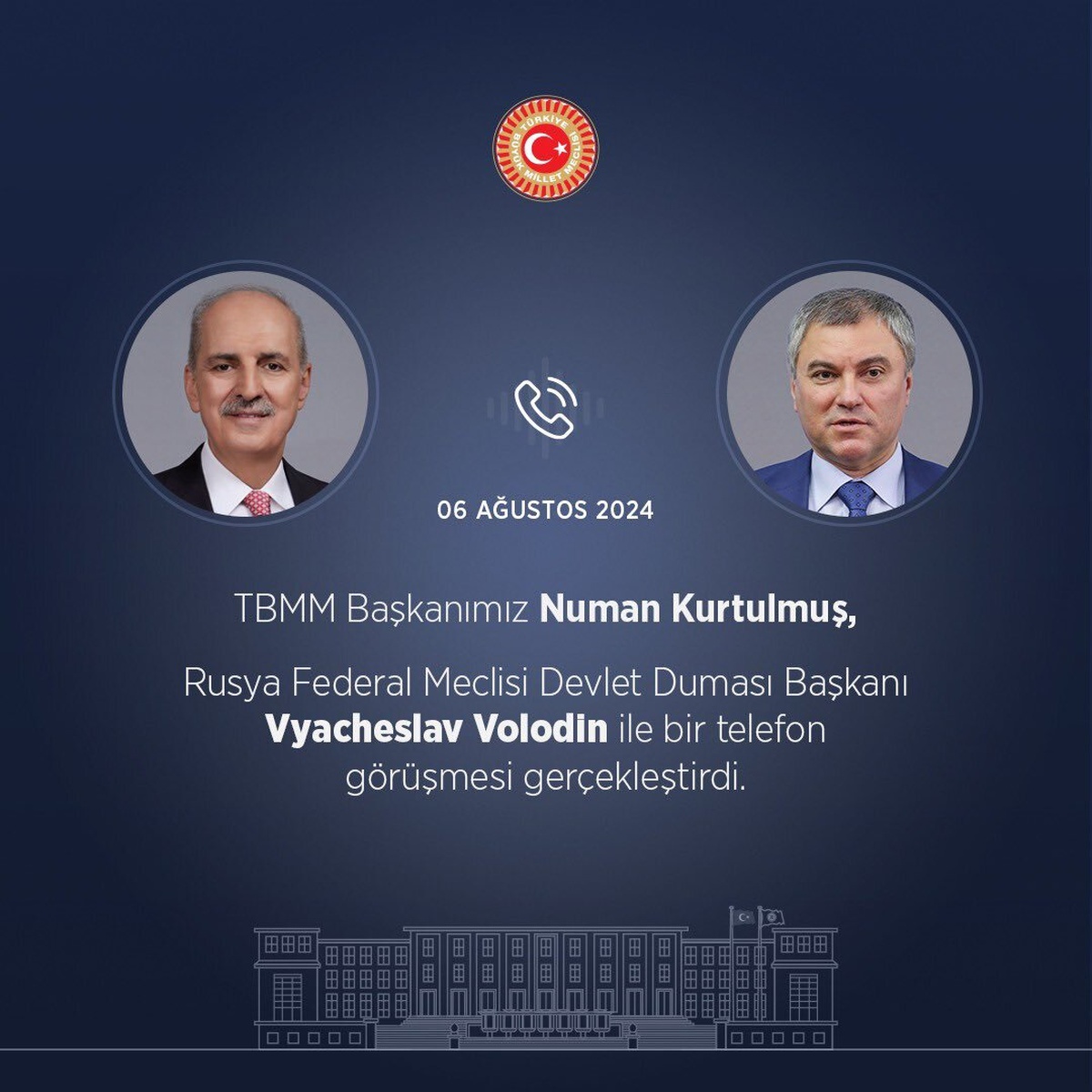 TBMM Başkanı Numan Kurtulmuş, Rusya Federal Meclisi Devlet Duması Başkanı Vyacheslav Volodin ile telefonda görüştü