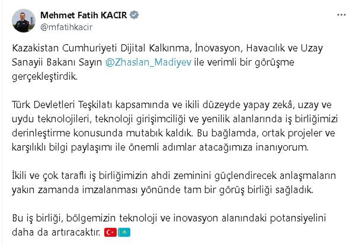 Türkiye ve Kazakistan, teknoloji alanında iş birliğini derinleştirecek