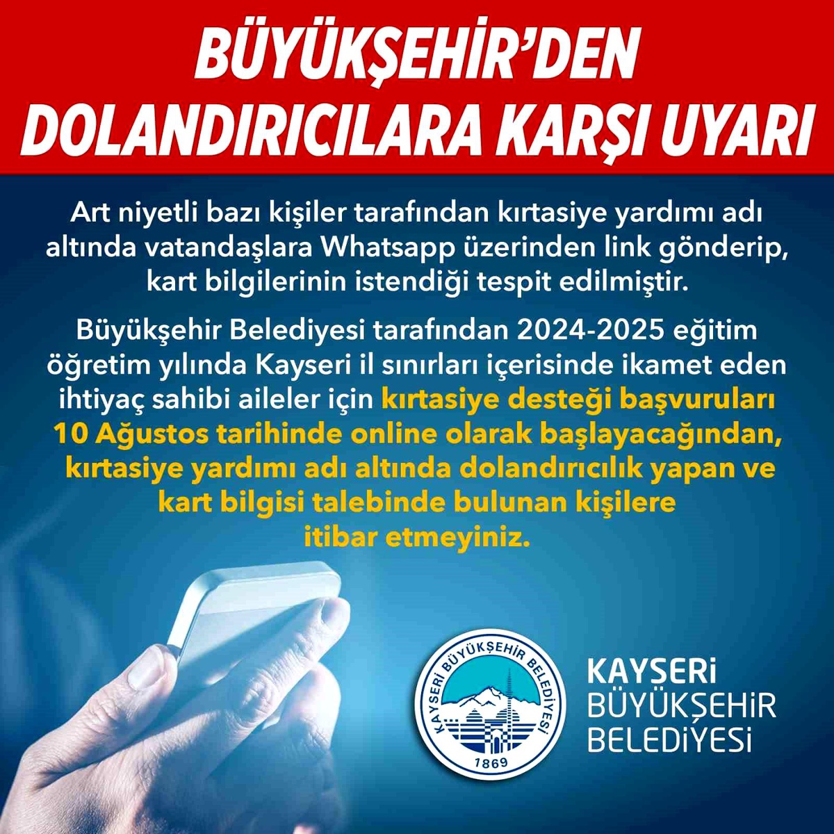 Kayseri Büyükşehir Belediyesi\'nden Kırtasiye Dolandırıcılığı Uyarısı