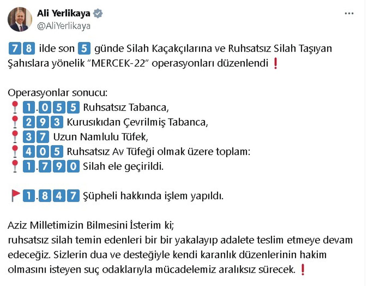 İçişleri Bakanı: \'Mercek-22\' Operasyonunda 1847 Şüpheli Yakalandı