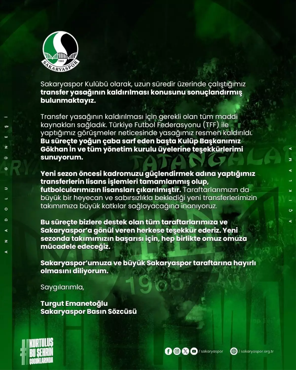 Sakaryaspor Transfer Yasağı Kaldırıldı
