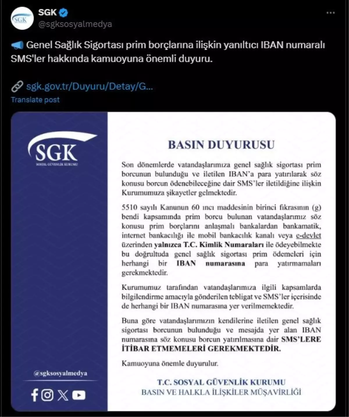 SGK\'dan uyarı: Genel Sağlık Sigortası prim borcu için IBAN numarasına para yatırmayın