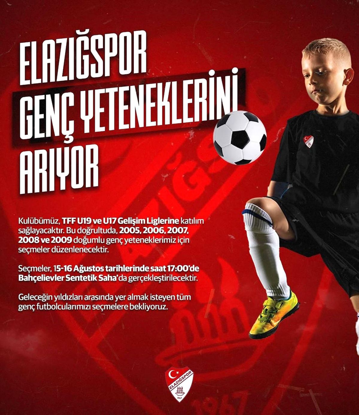 Elazığspor Kulübü Alt Yapı Seçmeleri Düzenliyor