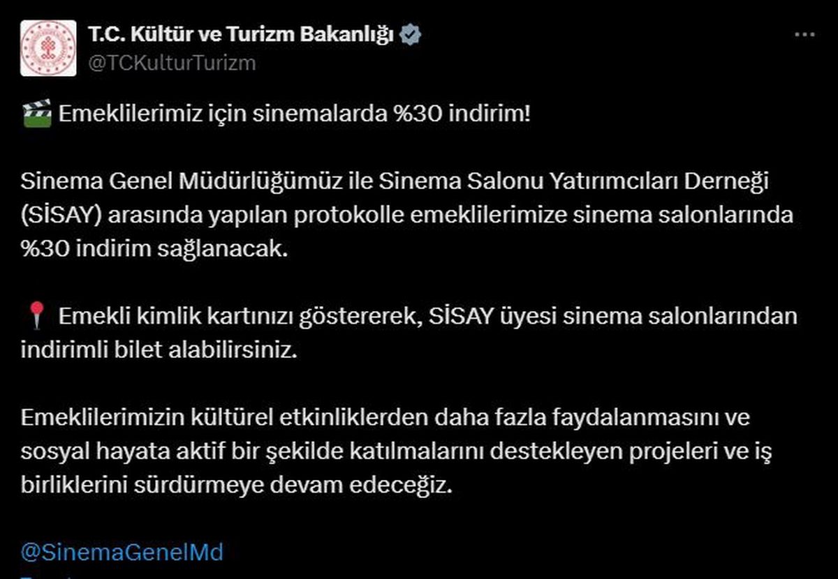 Emeklilere sinema salonlarında indirimli bilet imkanı