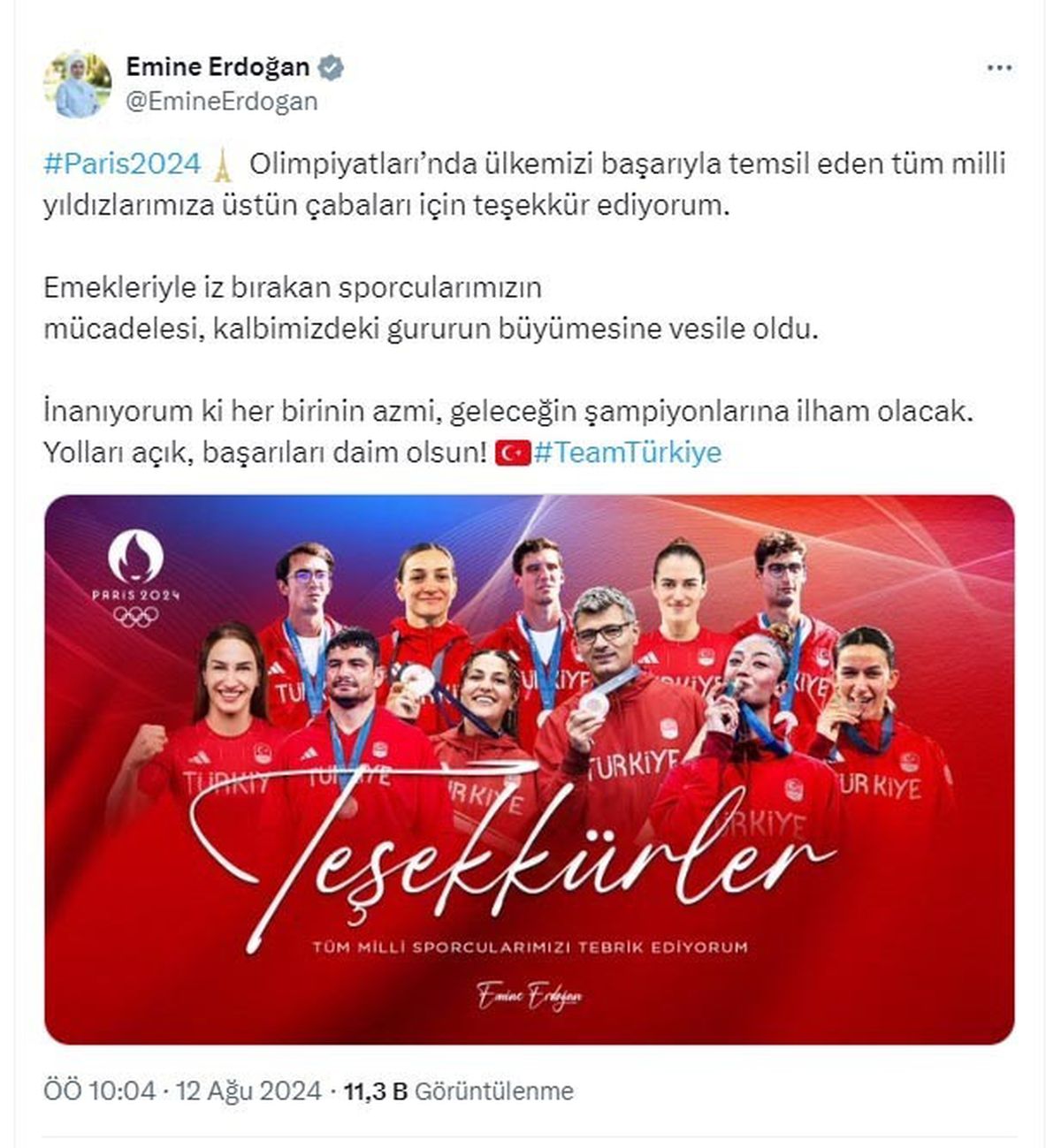 Emine Erdoğan, Paris 2024 Olimpiyatları\'nda Türk sporculara teşekkür etti