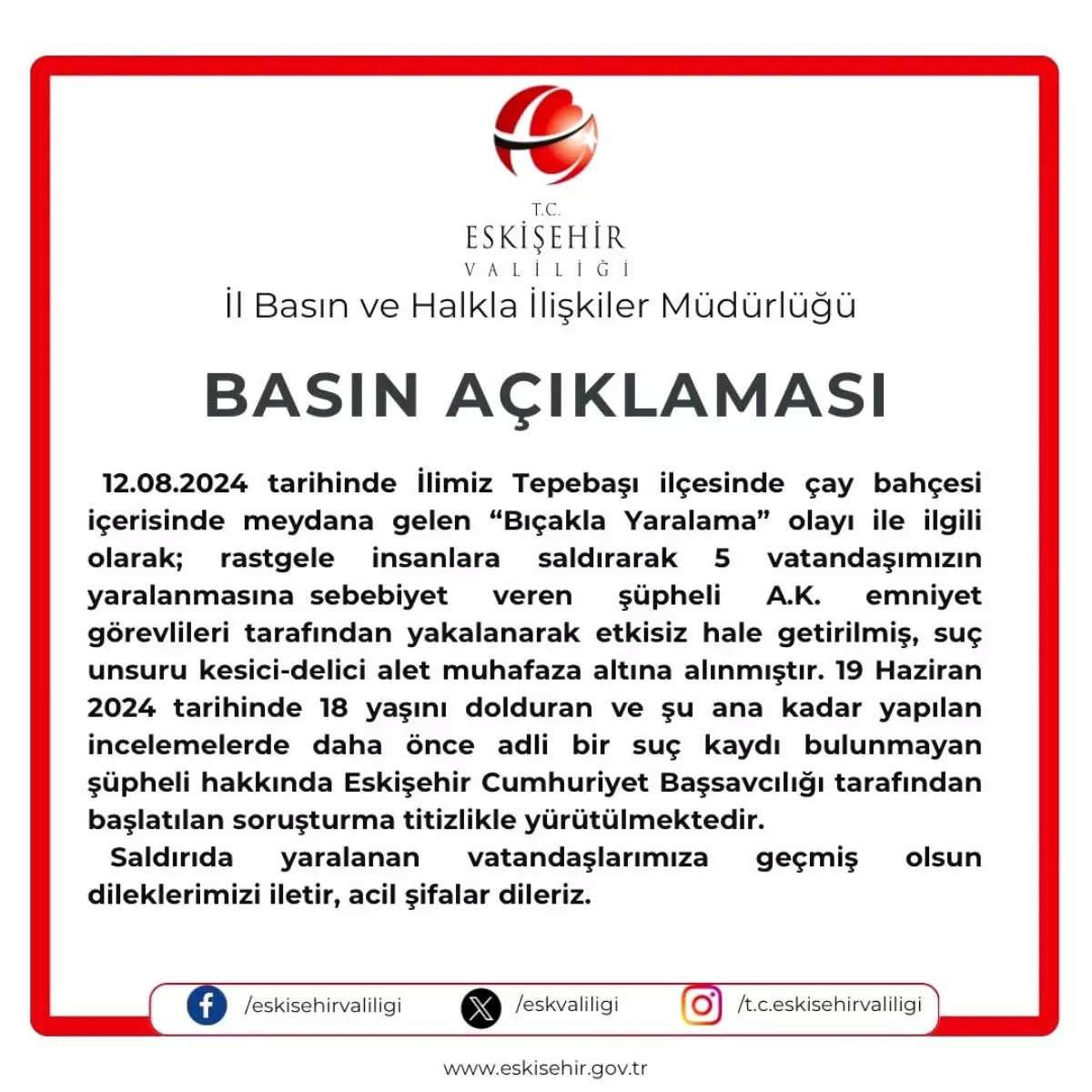 Eskişehir\'de Çay Bahçesinde Gerçekleşen Bıçaklı Saldırıyla İlgili Valilik Açıklama Yaptı