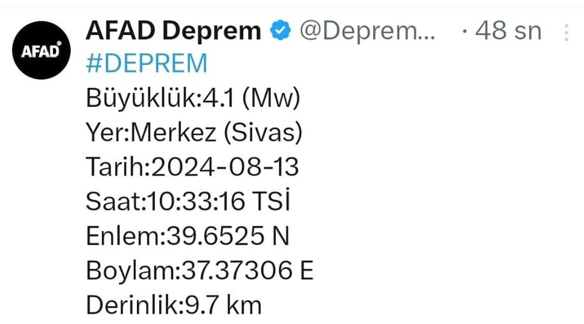 Sivas Kent Merkezinde 4.1 Büyüklüğünde Deprem