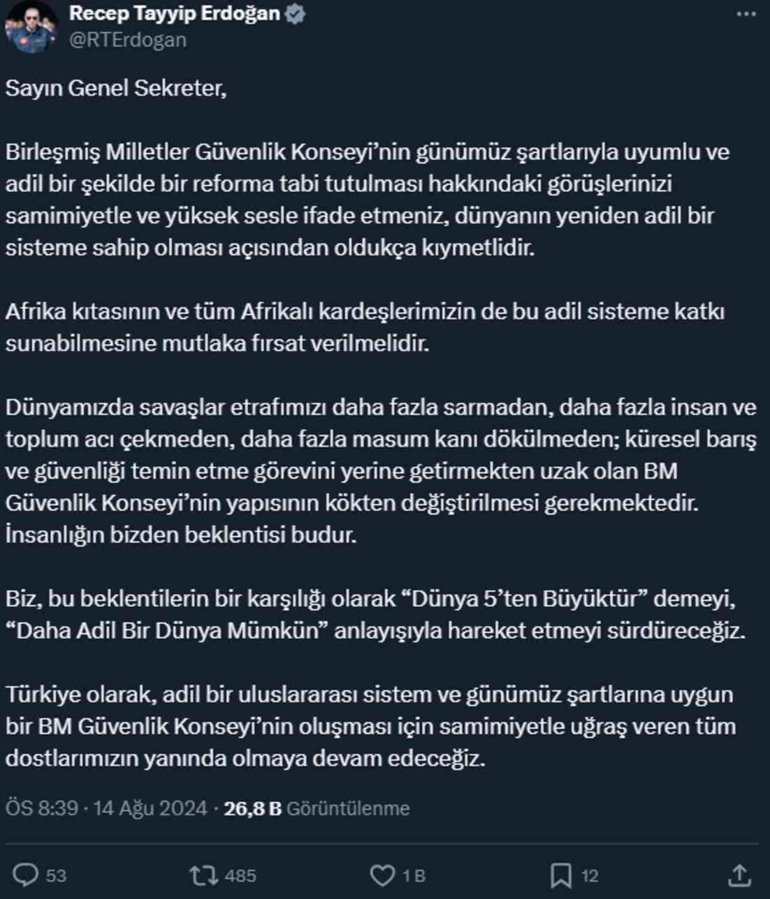 Erdoğan'dan Guterres'e yanıt: BM Güvenlik Konseyi'nin yapısının kökten değiştirilmesi gerekmektedir