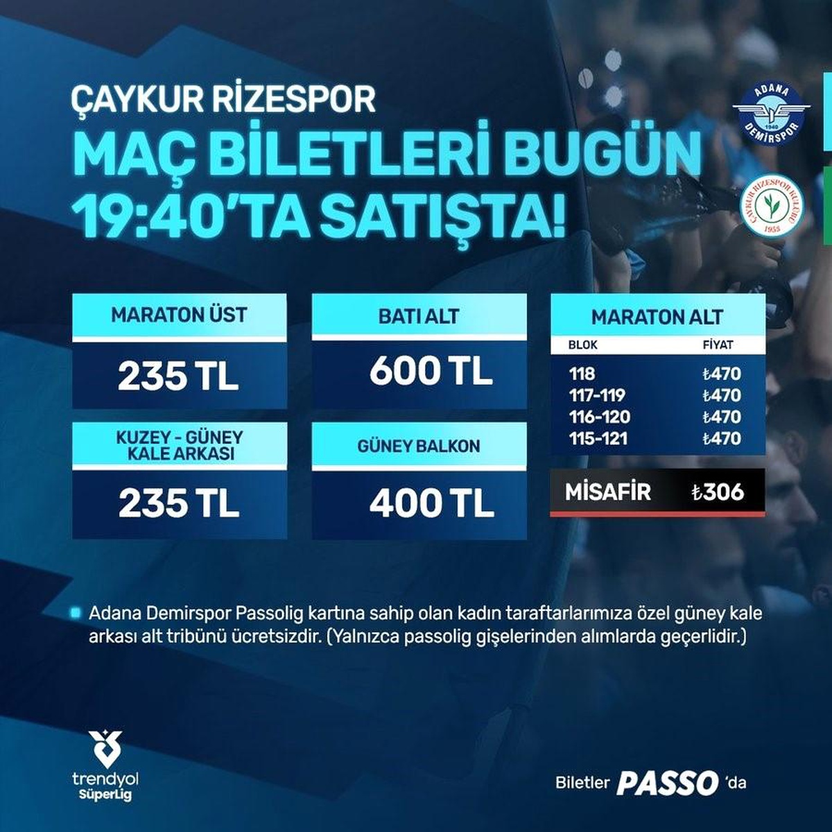 Adana Demirspor - Çaykur Rizespor Maçının Biletleri Satışa Çıktı