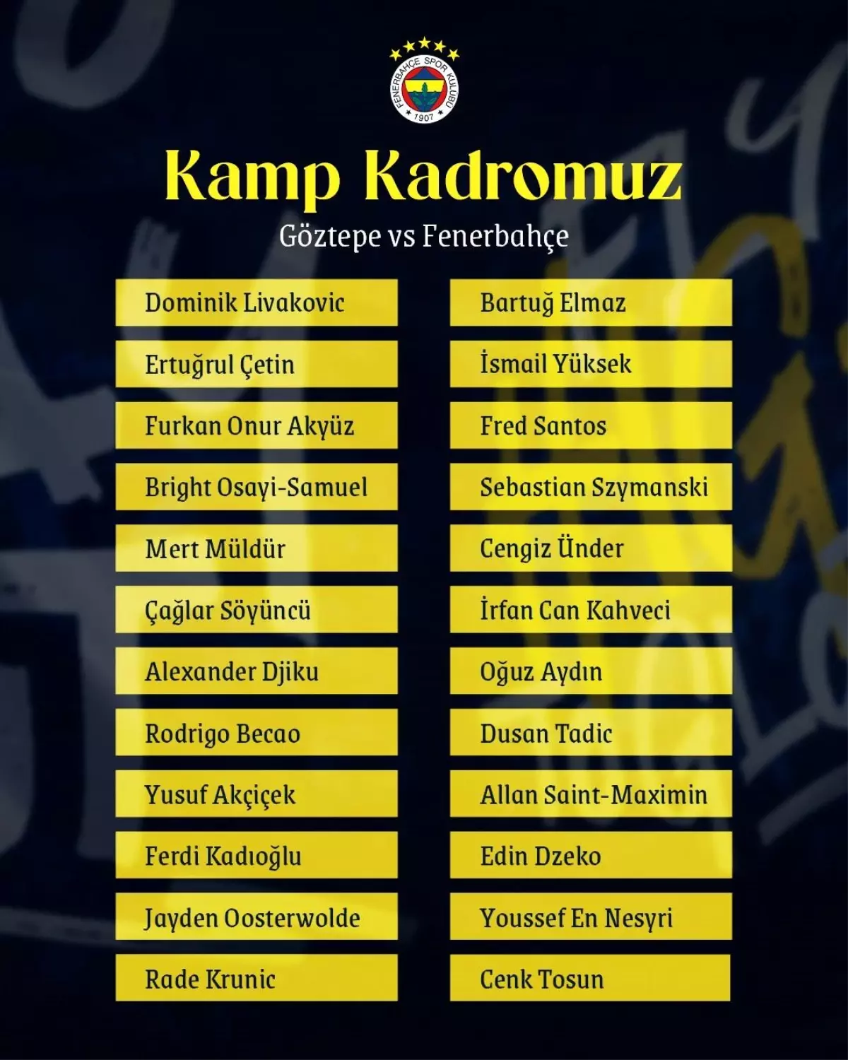 Fenerbahçe\'nin Göztepe Maçı Kamp Kadrosu Belli Oldu