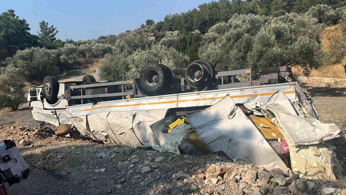 Muğla\'da freni boşalan tır yoldan çıkarak ters döndü
