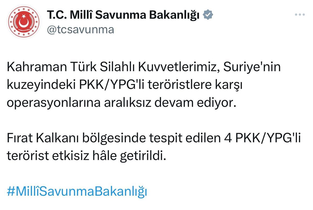 MSB: Fırat Kalkanı bölgesinde 4 PKK/YPG\'li terörist etkisiz hale getirildi