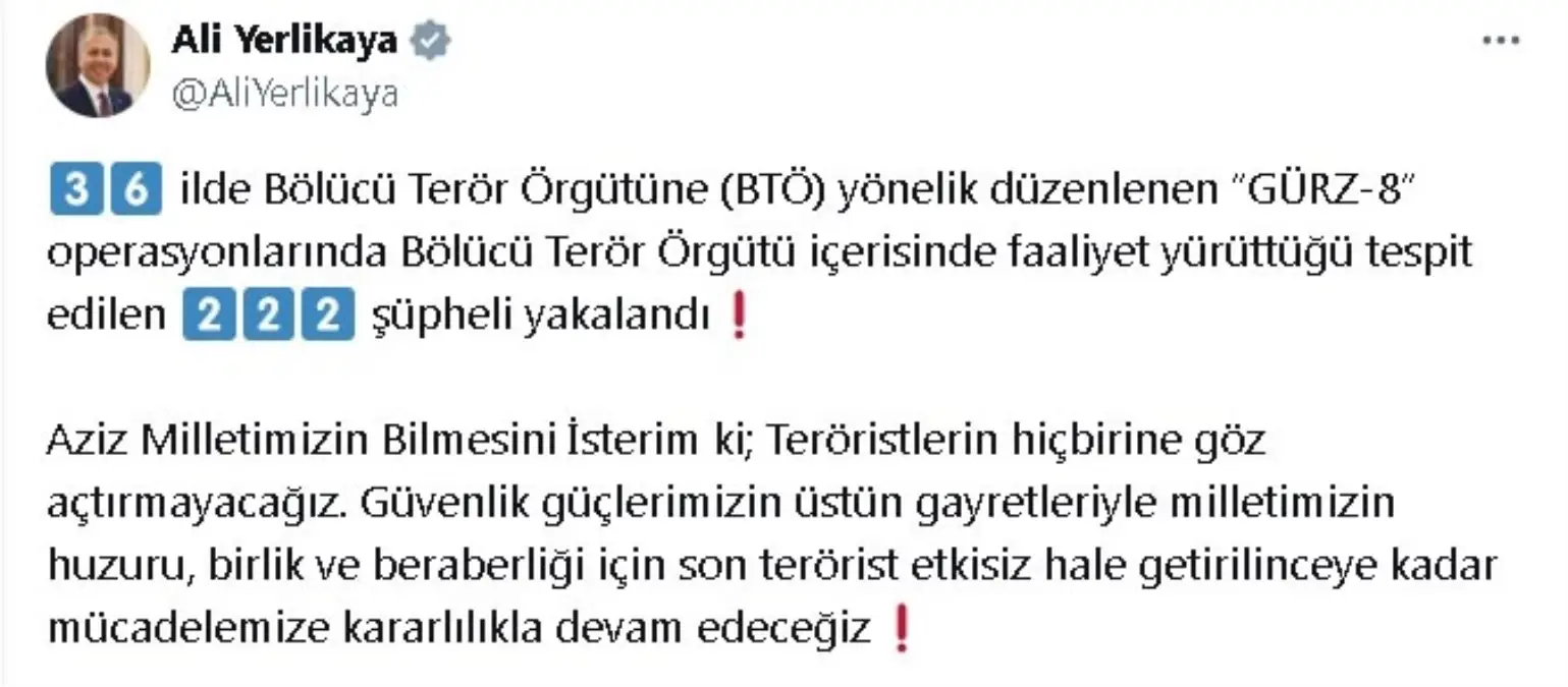 İçişleri Bakanı: \'Gürz-8\' operasyonlarında 222 şüpheli yakalandı